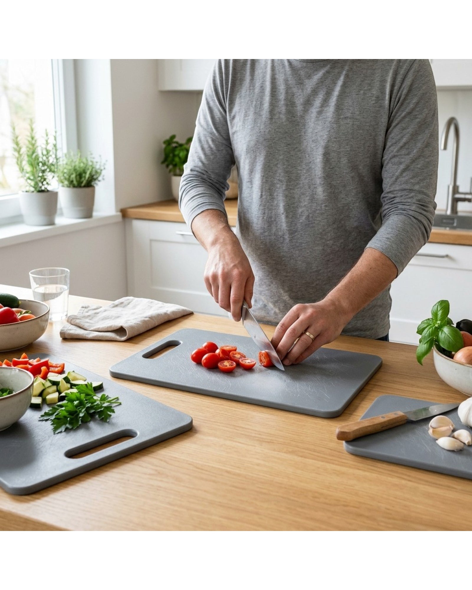 Omnily Plastic Cutting Board Set Non-Slip 3-Piece Gray