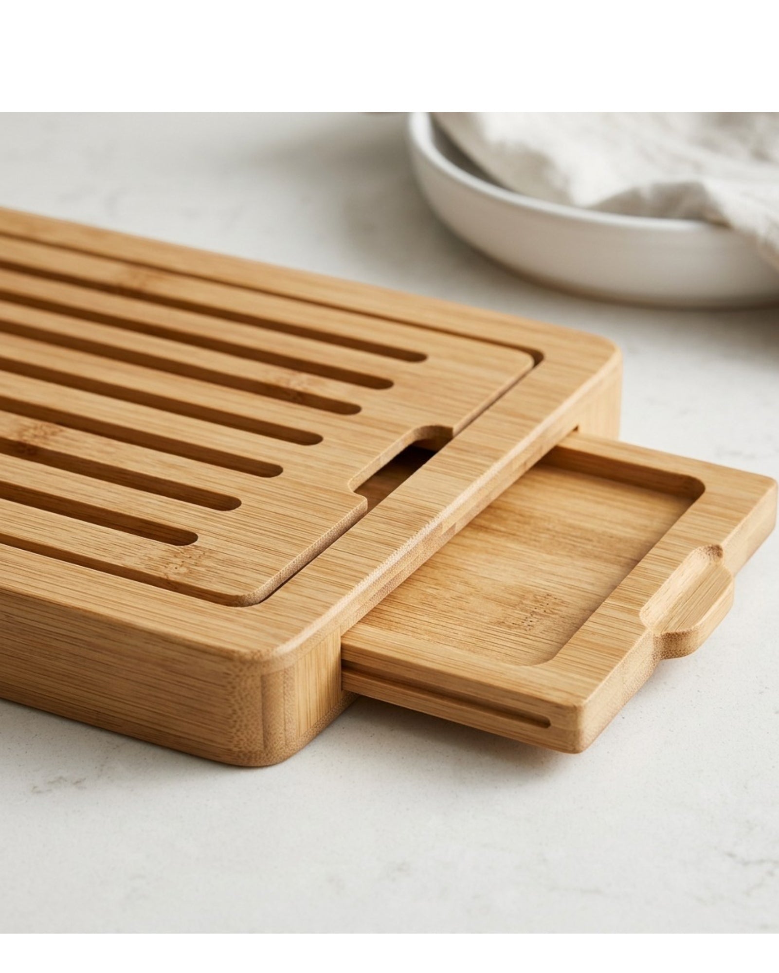 Omnily Bread Cutting Board Crumb Tray Bamboo 14 in Natural