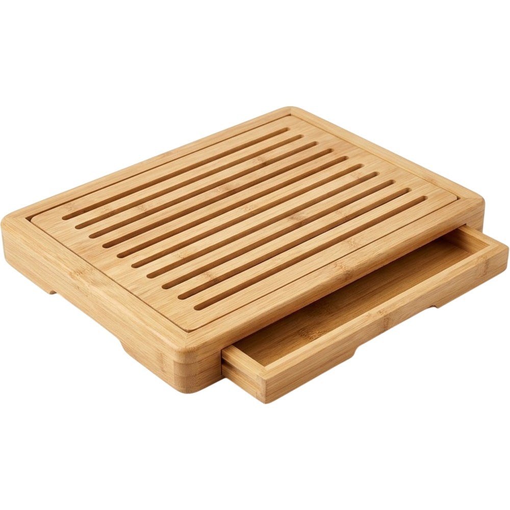 Omnily Bread Cutting Board Crumb Tray Bamboo 14 in Natural